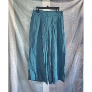 Athleta Playa Linen Wide Crop Pants Women 2/P Teal Blue Athleisure Luxe Summer
